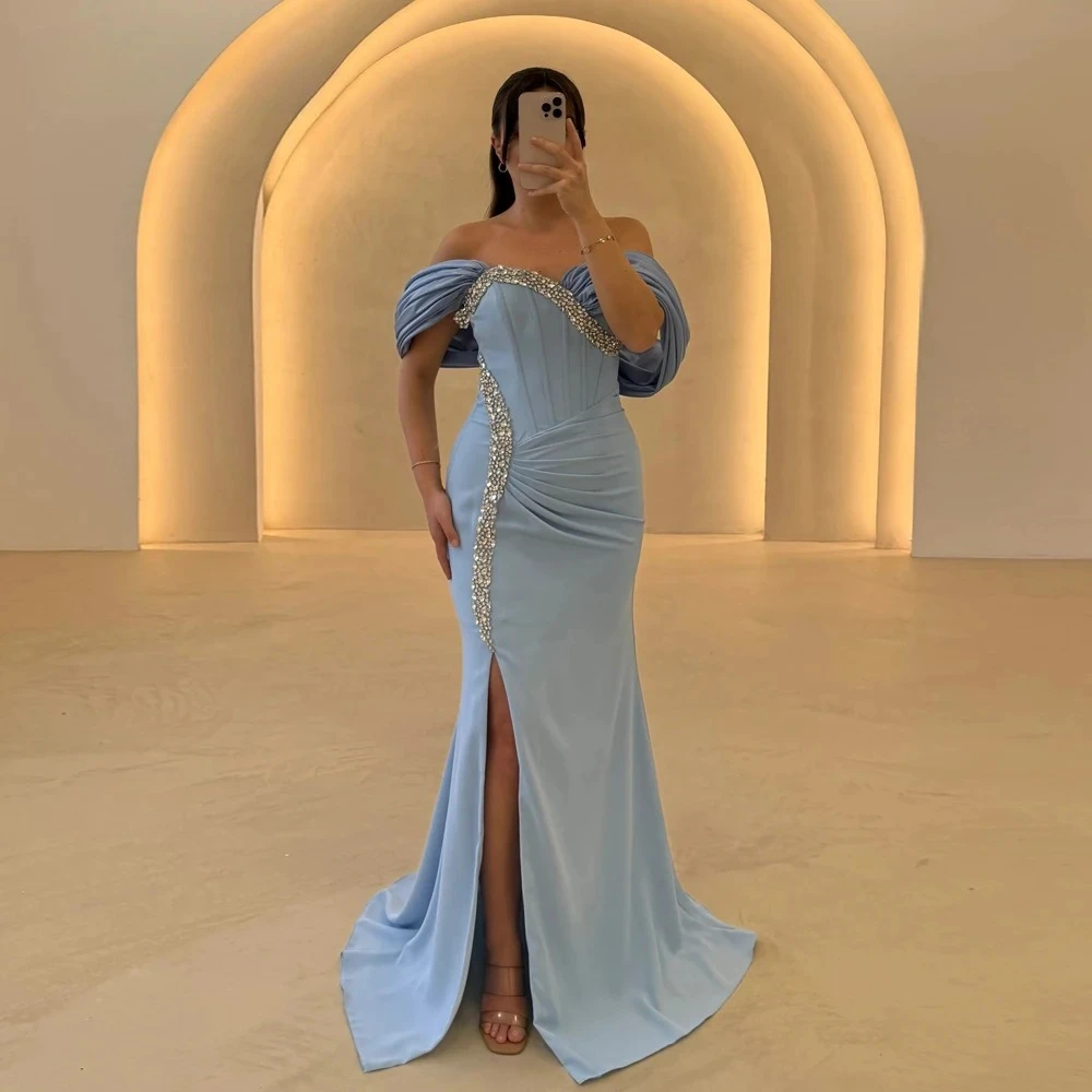 

Sexy Fancy Sweetheart Prom Dress Off The Shoulder Crystal Pleated Floor Length Formal Party Dress Mermaid Party Dress Customized