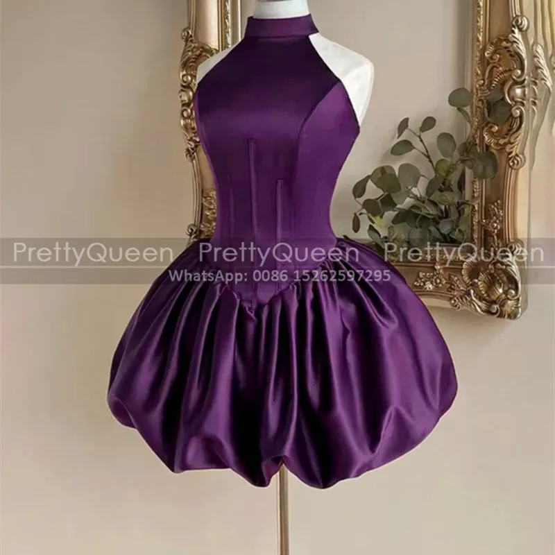 

Customized Short Bridesmaid Dresses Puffy A Line Sleeveless Purple Satin Mini Wedding Party Dress For Women