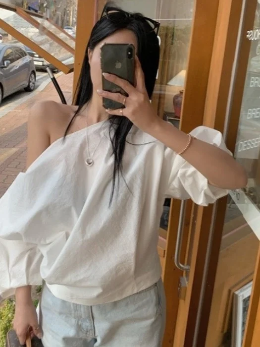 

Chic Summer New Loose Casual Lantern Sve Pure Color irt Women's Top Asymmetrical oulder Design Sensation