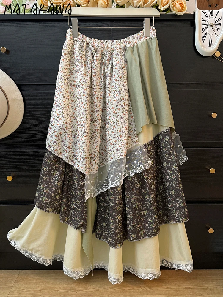 

Matakawa Lace Patchwork Woman Skirts Mori Girls Style Spring Autumn Vintage Faldas Mujer Korean Fashion Sweet Floral Long Skirt
