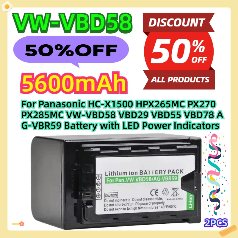 For Panasonic HC-X1500 HPX265MC PX270 PX285MC VW-VBD58 VBD29 VBD55 VBD78 AG-VBR59 Battery with LED Power Indicators 5600mAh 2pcs