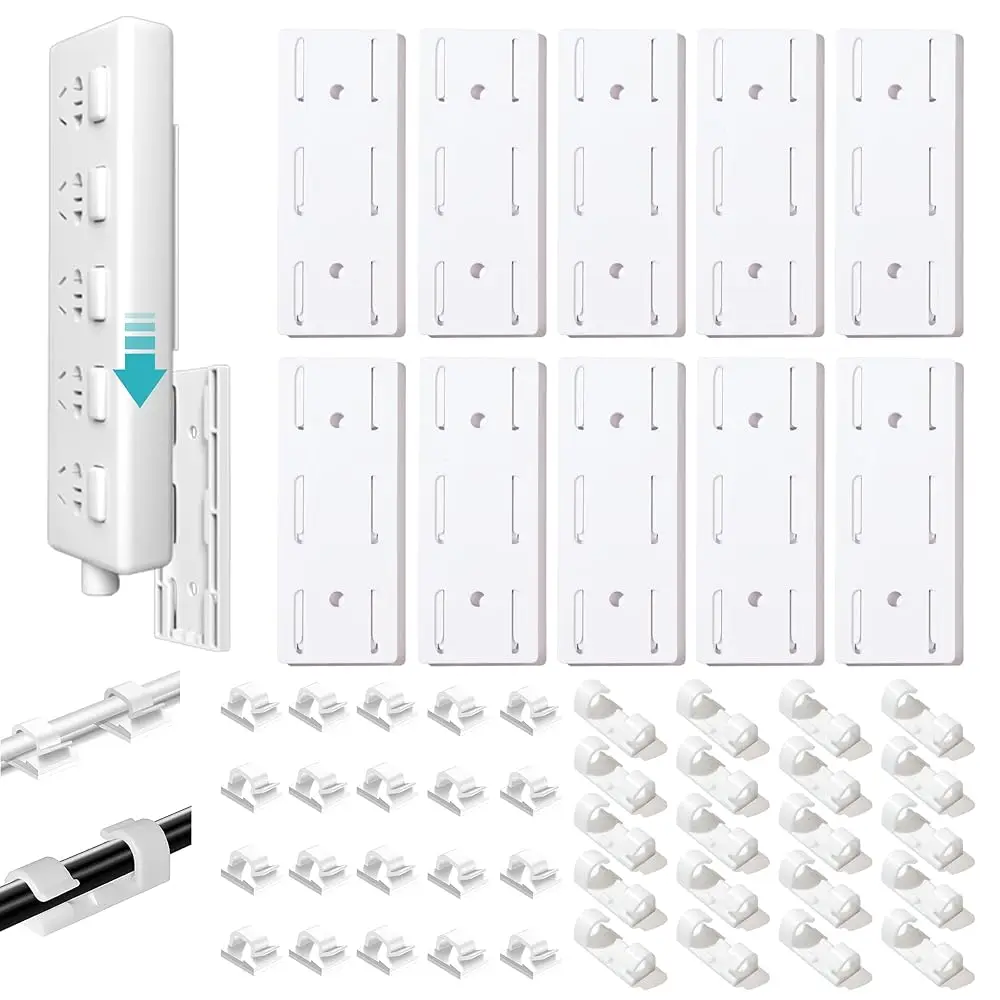 

Adhesive Punch-Free Socket Holder, 10Pcs Power Stirp Holder and 40Pcs Cable Clips Kit, Self-Adhesive Power Strip Holder Wall