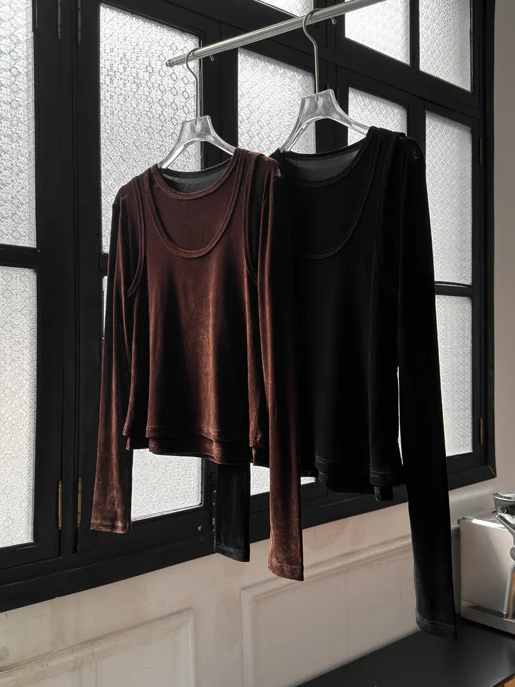 

Velvet Fake Two Piece Tops Long Sleeved Slim Fit Elastic Fashionable Shirts 2025 New Hot Sale Women's Clothing