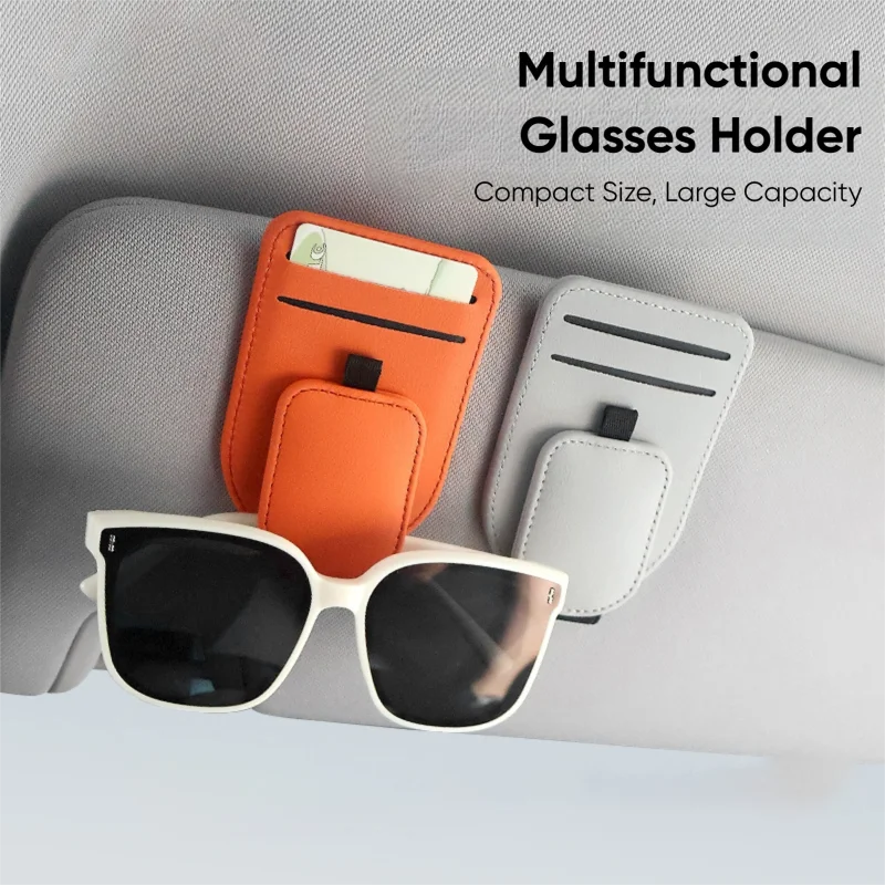 حامل نظارات شمسية للسيارة، مشبك نظارات واقي من الشمس، شماعة نظارات جلدية متعددة الوظائف، مشبك بطاقة تذكرة محمول