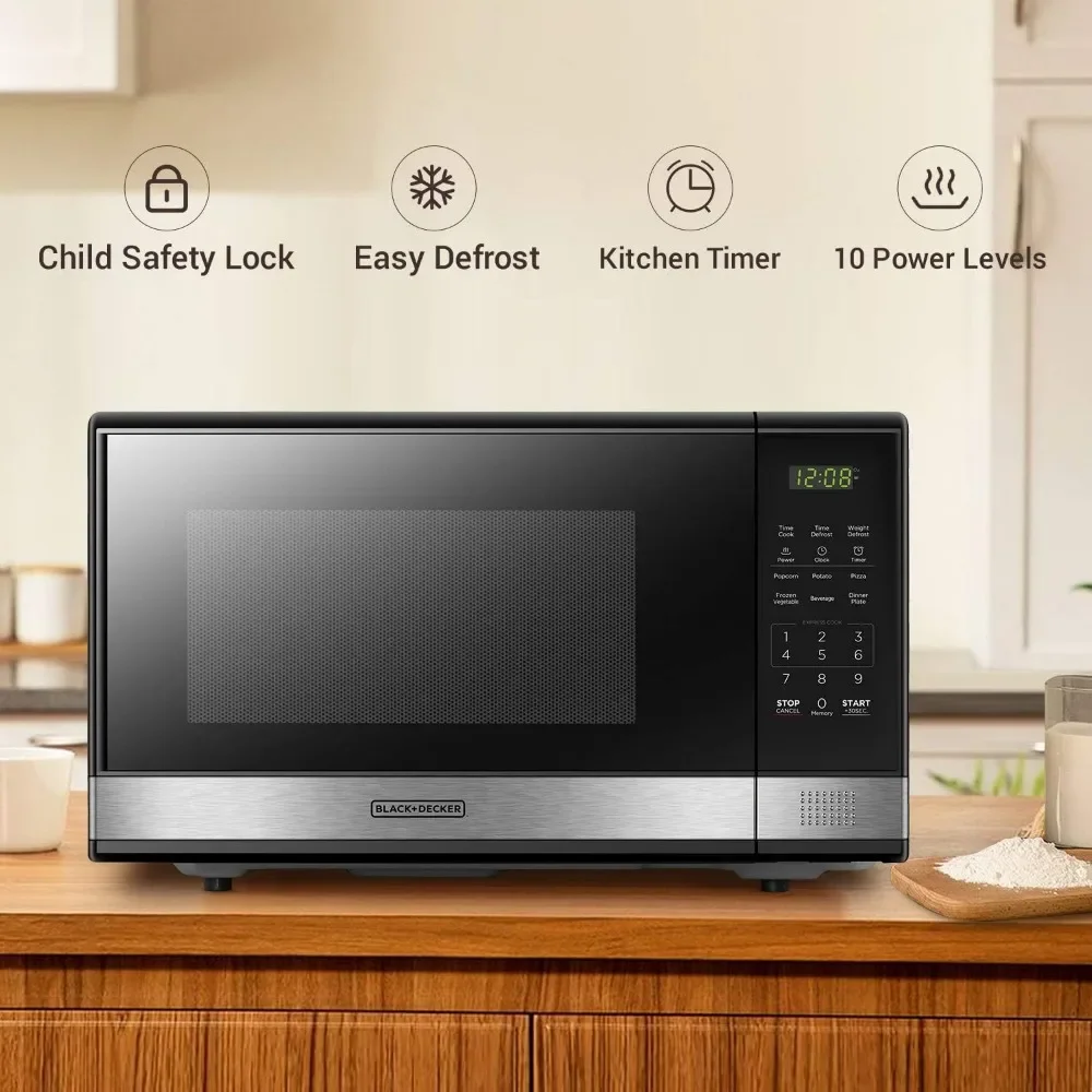 Oven Microwave Digital EM031MB11, dengan pintu tekan tombol putar, kunci keselamatan anak, 1000W, 1,1cu. ft, HITAM