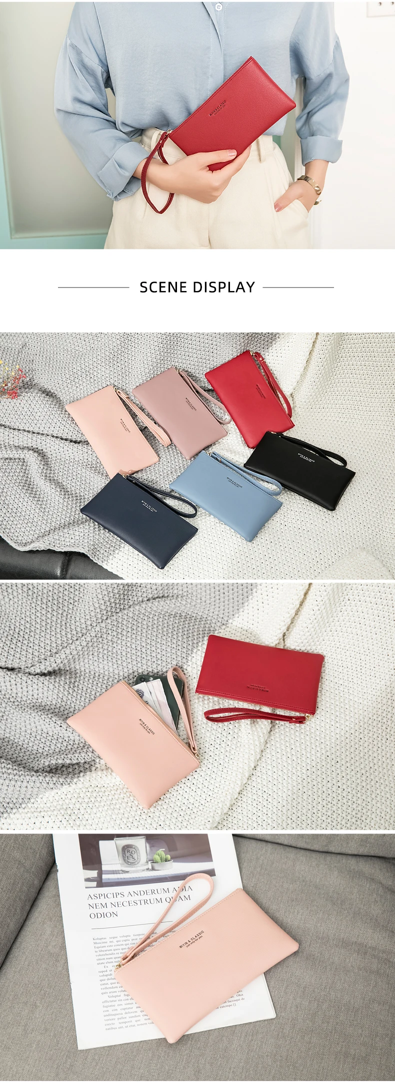 Neue minimalistische Geldbörse mit Reißverschluss, hochwertige PU-Leder Kreditkarten- und Handy-Aufbewahrungstasche, ultradünne Damen-Langbörse, Handtasche – Detail 7