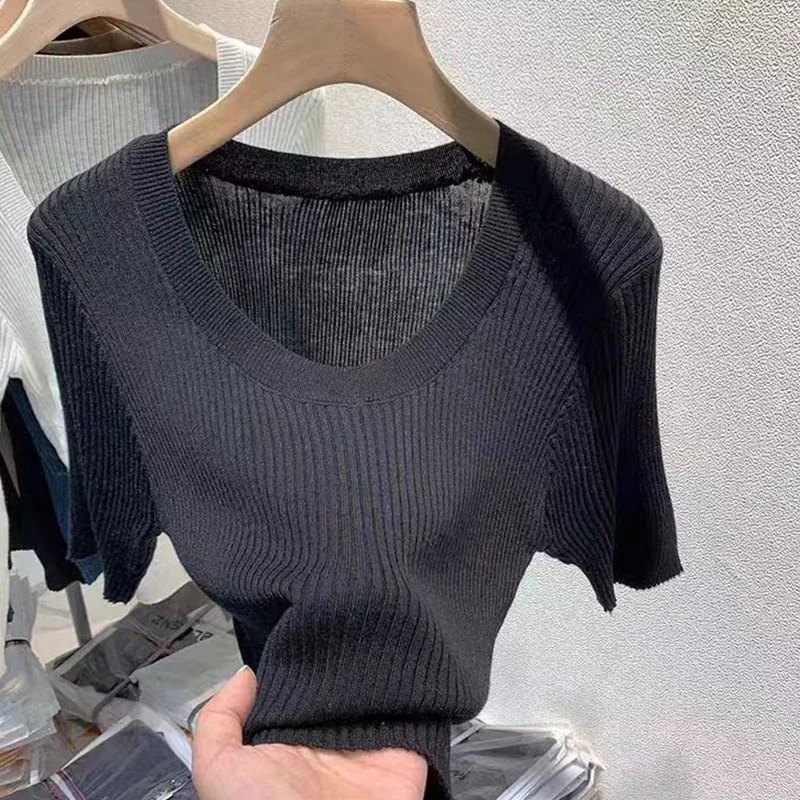 Women\'s T-shirts Knit Top Short Sleeve Black White Knitted Casual Tees Summer Clothes 2024 Basic Tshirts Tee Shirt Femme Tops