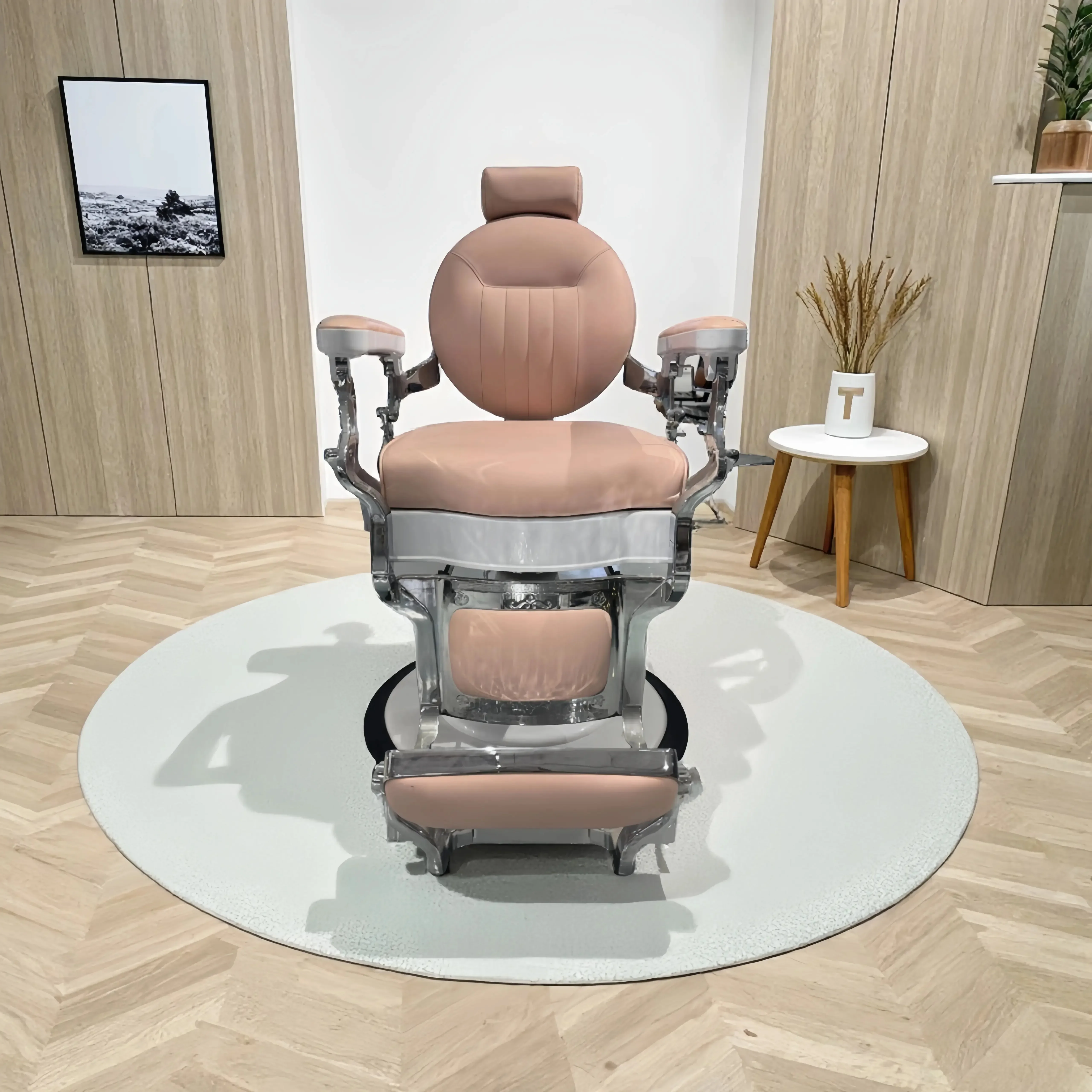 Keyunshi Luxury Pink Barber Chair, Vintage Style Salon Chair with Chrome Accents for Men's Grooming & Hairdressing