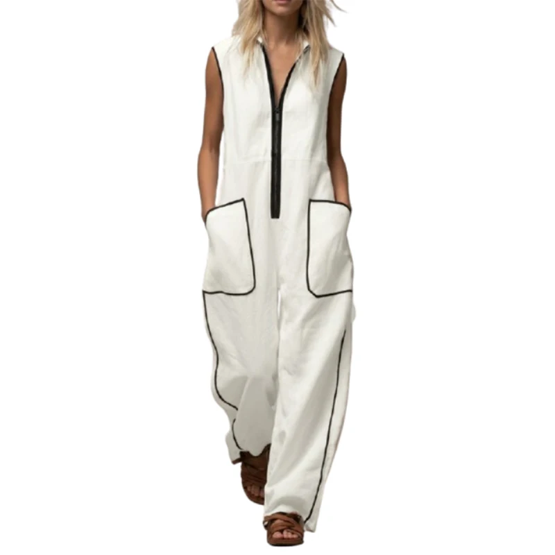 UOOZEE Women White Jumpsuits 2026 New Contrast Color Line Pockets Loose Stand Collar Zipper Casual Vacation Wide Leg Outfits view 5