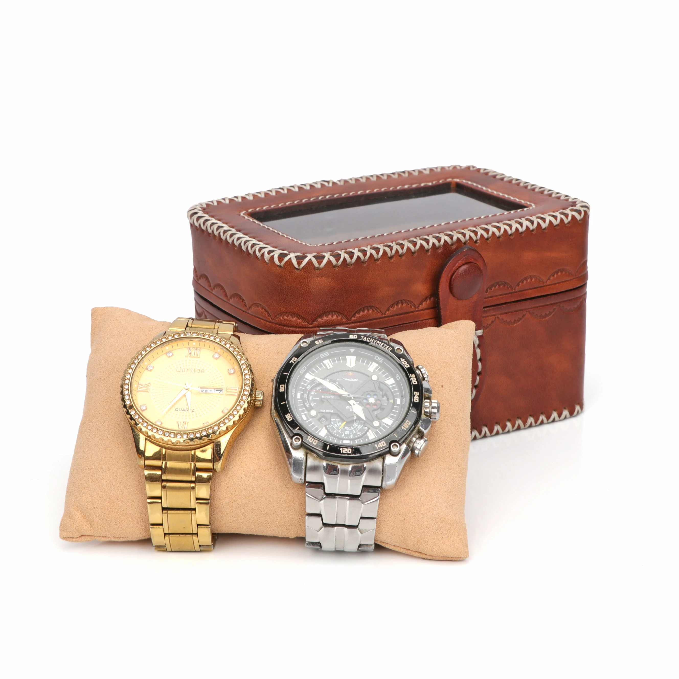 Tourbon Vintage Leather Watch Box Transparent Top Jewelry Earring Display Case Wristwatch Organizer with Removable Cushion Gift