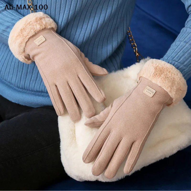 【AM3】Winterwarme Wildlederhandschuhe mit samtiger, verdickter Plüsch-Dekor-Manschette, kältebeständige Touchscreen-Reithandschuhe für den Außenbereich, Skihandschuhe