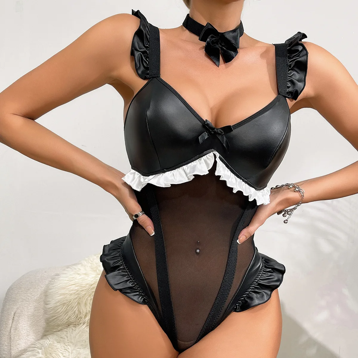 

S-XXL Sleeveless Faux PU Leather Mesh Camisole Bodysuit Tights Hot Sexy Body Teddies Deep V-neck Swimsuit Cosplay Clubwear Tops