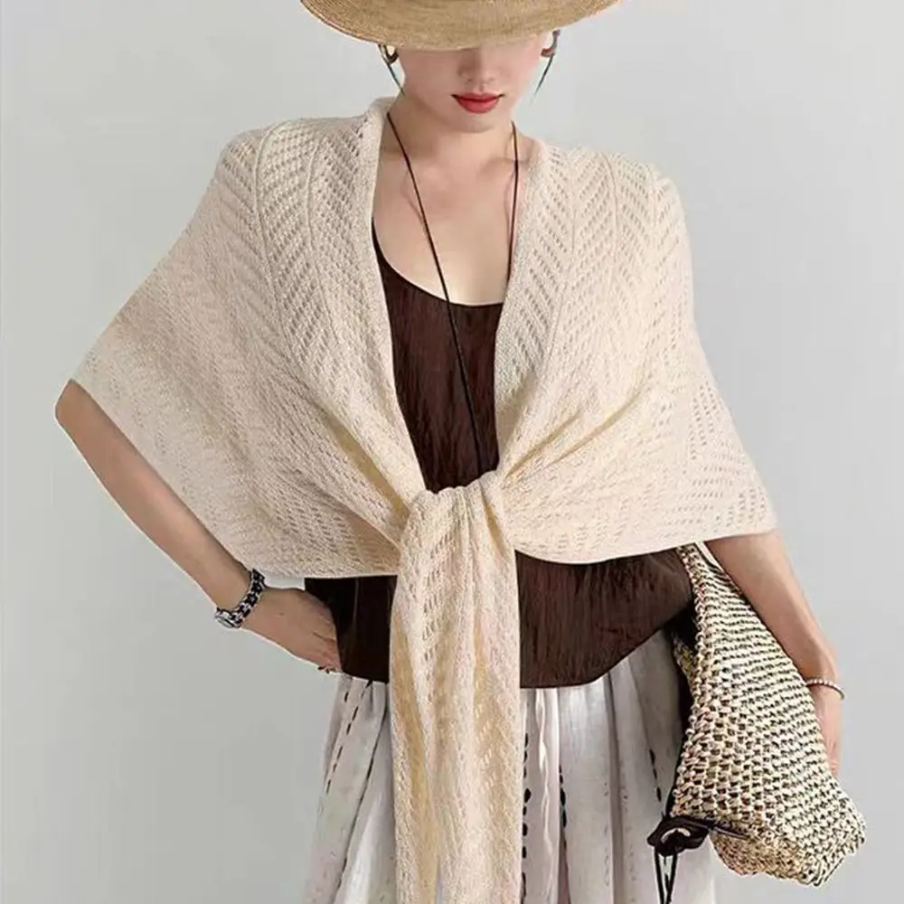 

Fashion Hollow Out Knitting Cotton Shawl Solid Color Elegant Ladies Wrap Cloak Sun Protection Poncho Tassels Scarf
