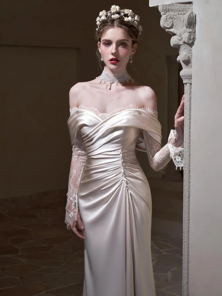 

Ele Long Sve Lace Wedding Dr Satin Fi Tail Gown One oulder High Waist Floor Length Luxury Bridal Dr