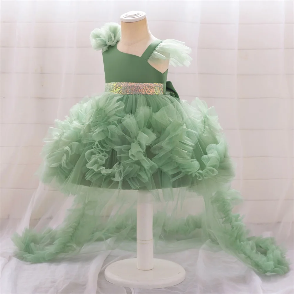 

Новинка 2023 года, платье для дня рождения со шлейфом для маленьких девочек, детские желтые кружевные пушистые костюмы, летние праздничные платья для малышей, платье для младенцев