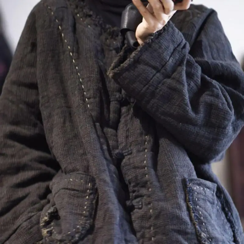 New Winter Arts Style Women Long Sleeve Loose Padded Coat Vintage Embroidery Single Breasted Cotton Linen Quilted Jacket 1207