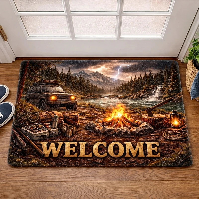 VIKAMA Welcome Camping Off Road SUV Doormat Wilderness Mountain Campfire Print Non Slip Absorbent Floor Mat Rustic Cabin Entranc