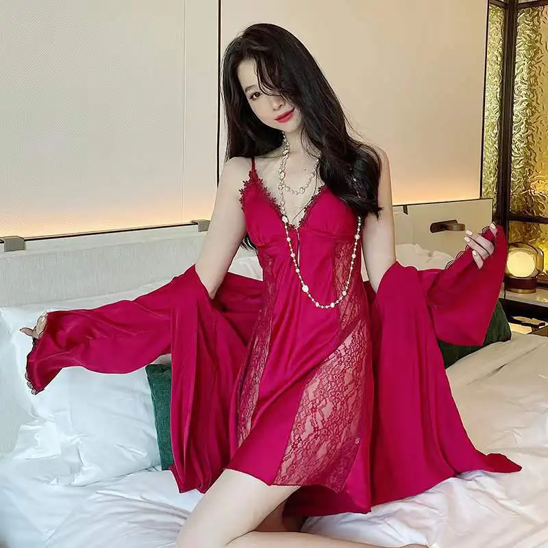 

Satin Lace Patchwork Robe Set Long Sleeve Sexy V-Neck Sleepwear Kimono Bathrobe Gown 2022 Female Home Clothing Nightgown