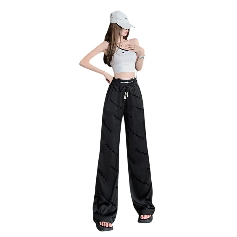 Black casual pants, thin drape ice silk wide leg pants, high waisted straight leg pants, floor mop pants, long pants