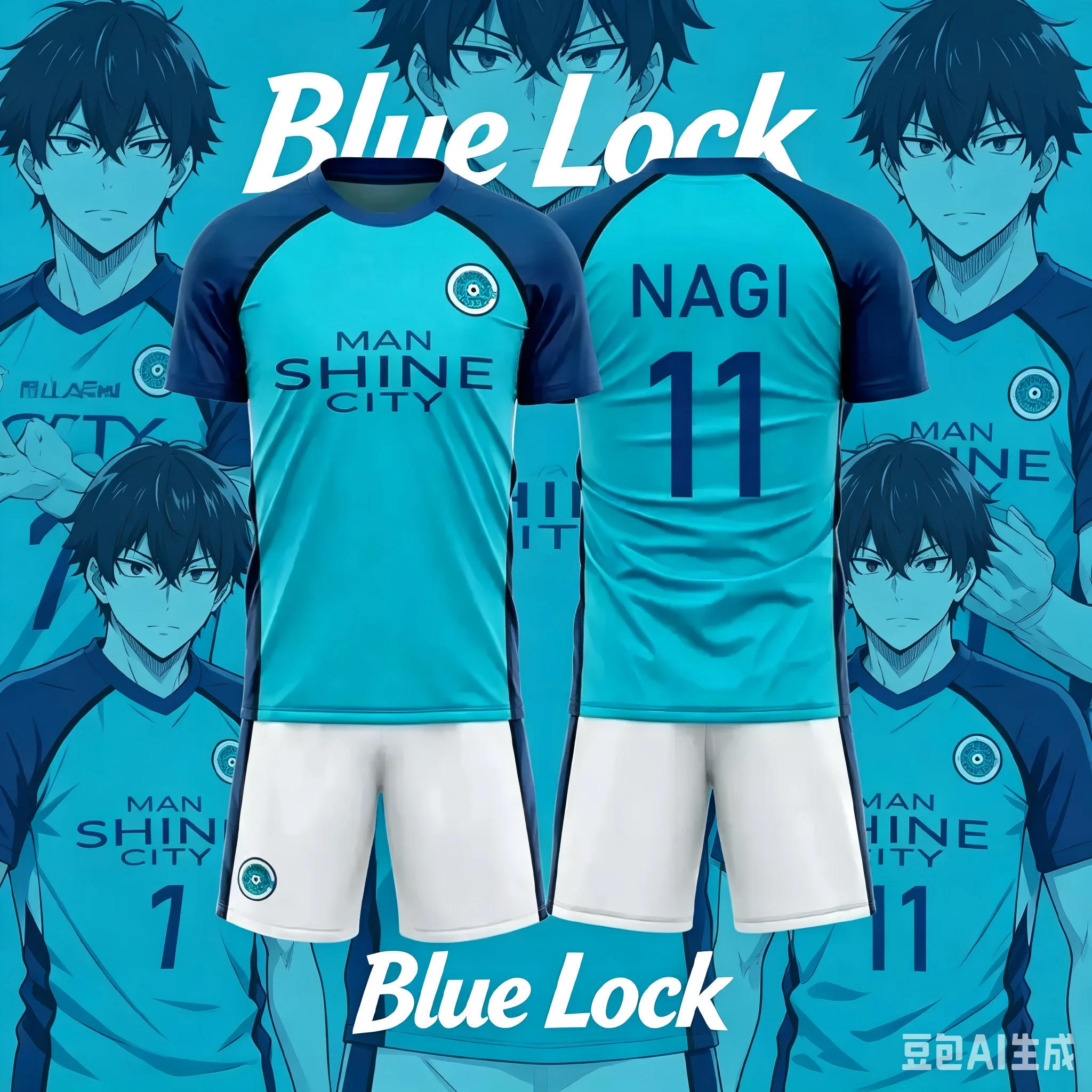 Summer New Blue Anime Soccer Jersey, No. 9 Shidou Rin Cosplay 3D Crew Neck T-Shirt and Shorts
