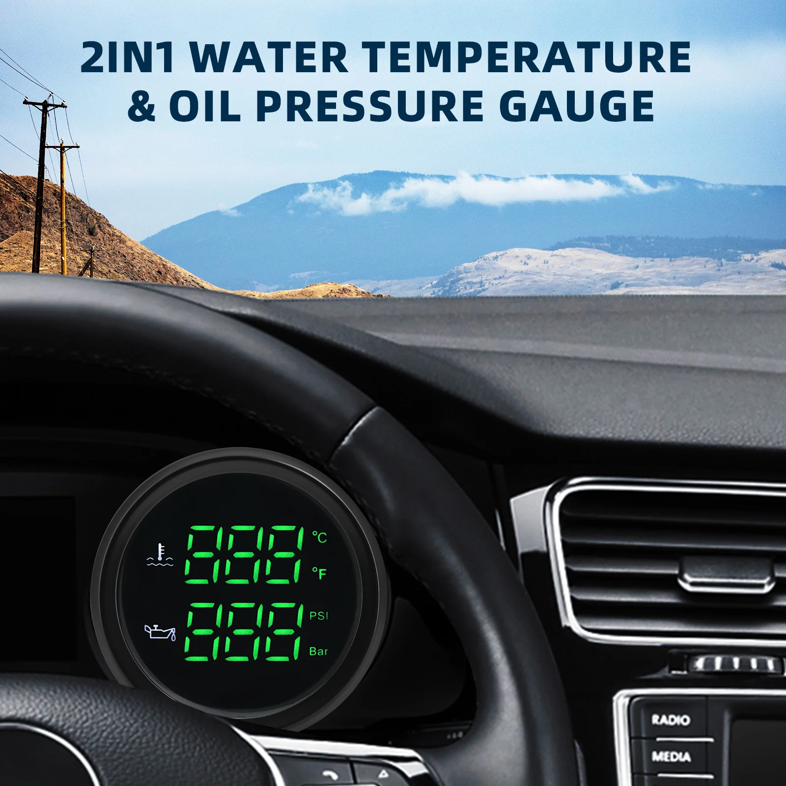 2 بوصة 52 ملم 2 في 1 رقمي 40-120 ℃   درجة حرارة الماء + مقياس ضغط الزيت 0-10 بار مع إنذار مع مستشعر 1/8 NPT لقارب السيارة 12 فولت 24 فولت مارين