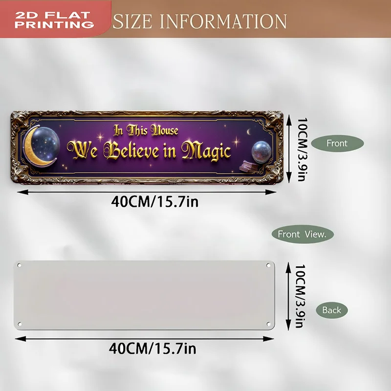 2D Flat - 1pc 2D Flat Magic House Metal Tin Sign | Vintage Wizard Wall Decor with Golden Frame and Magic Symbols - 16