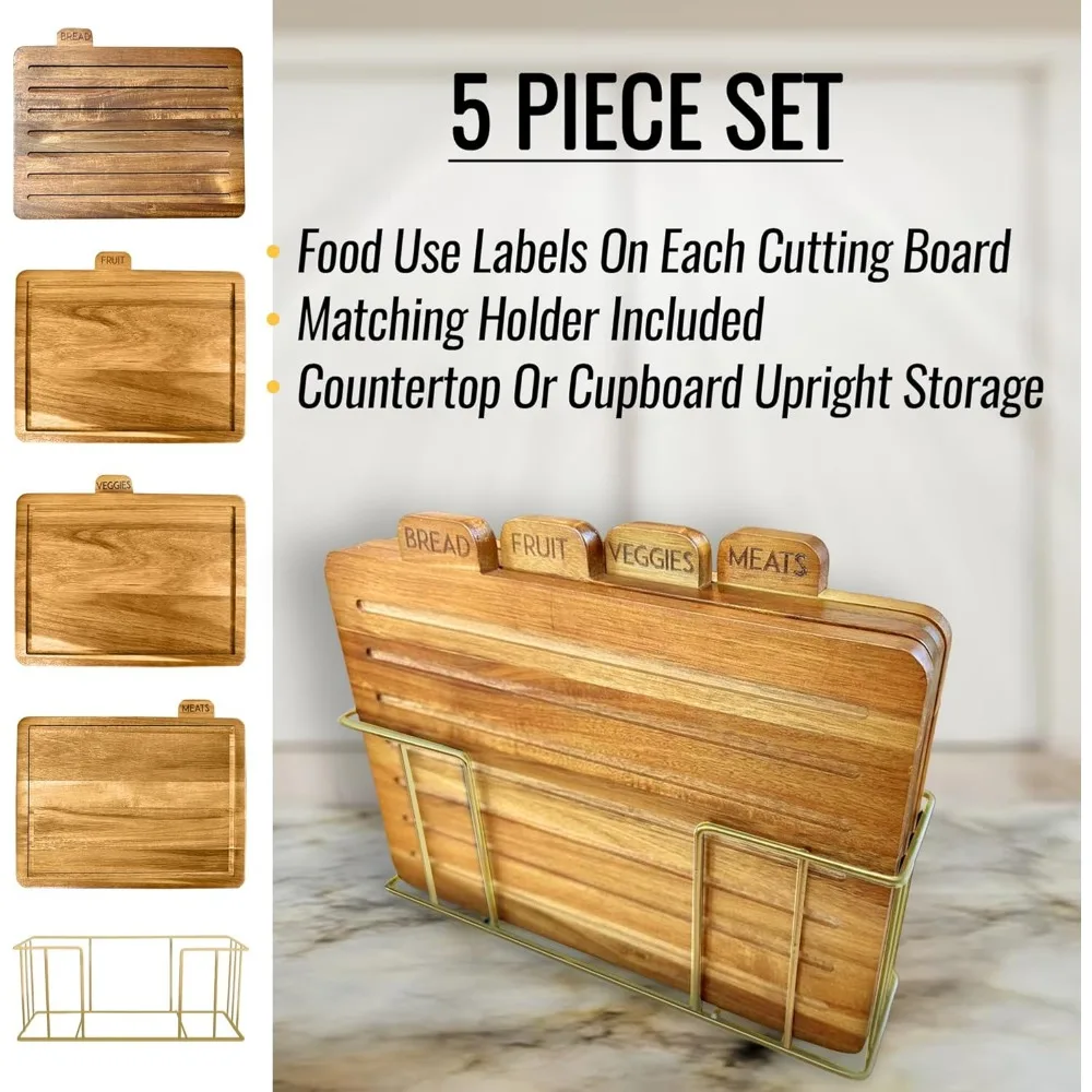 مجموعة لوح تقطيع خشب السنط الكبيرة مع حامل، 13 × 11 × 2.5 بوصة، مجموعة ألواح تقطيع المطبخ المسمى