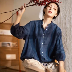 Johnature Spring Autumn 2024 New Women Japanese Vintage Short Lace-Linen Shirts Casual Stand Collar Loose All Match Female Tops