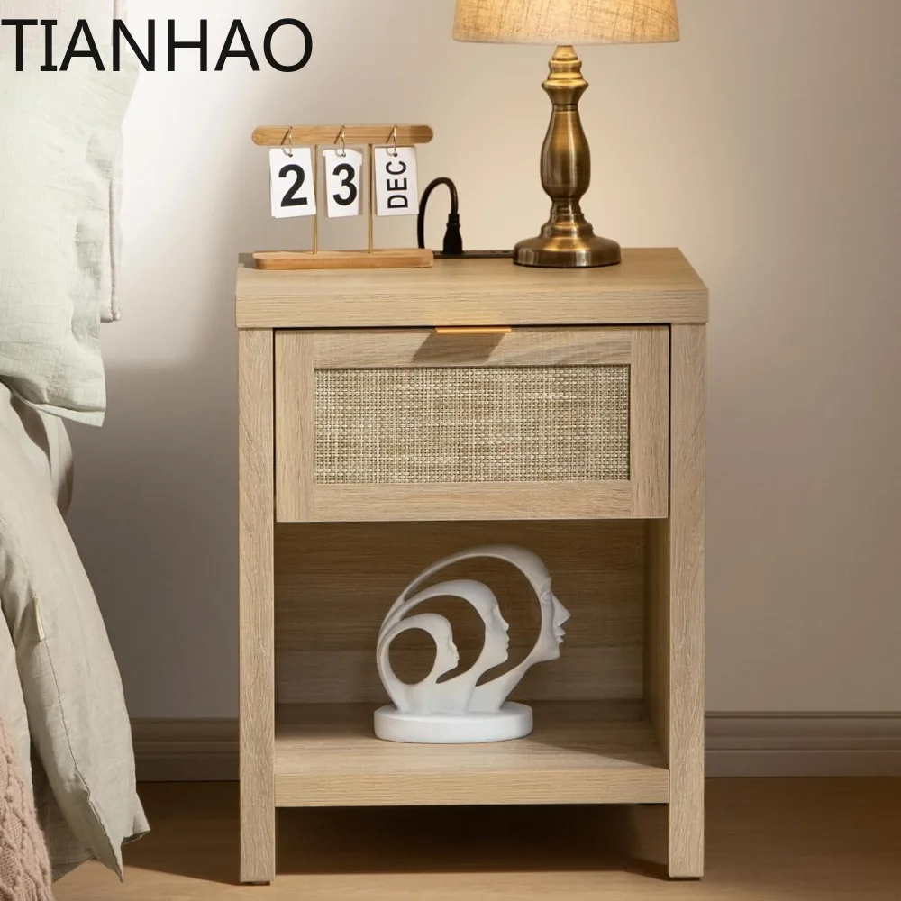 Night Stand Set of 2 with Charger Station Rattan Nightstands with Drawer Farmhouse Bedside Table with USB and Type-C Ports