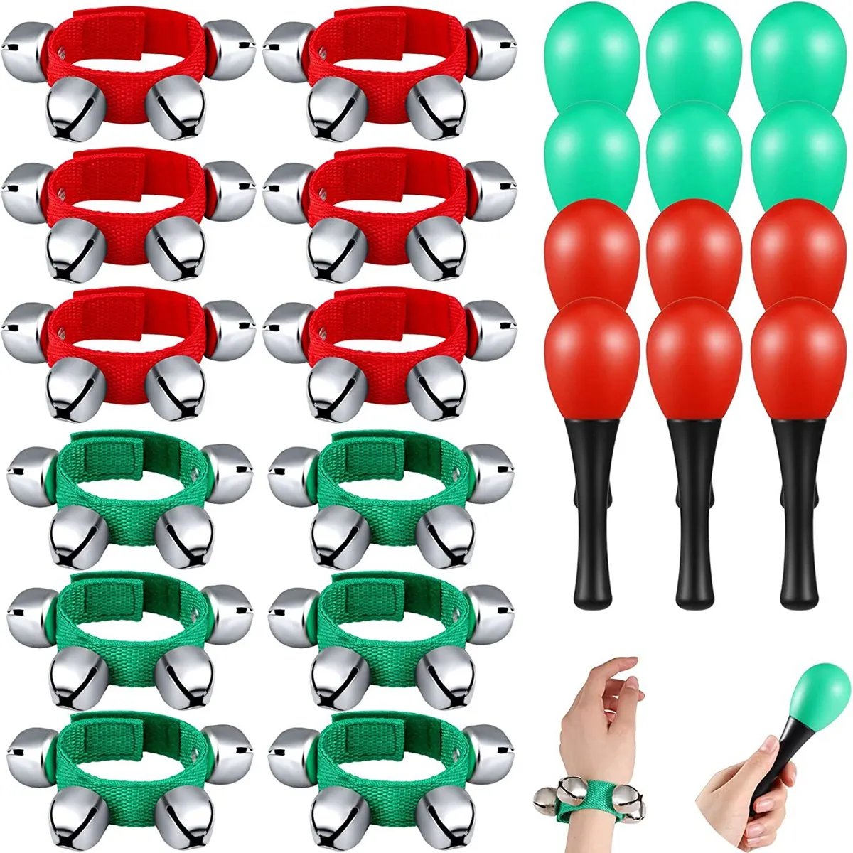 24Pcs Orff Musical Instruments 12 Egg Shaker and 12 Adjustable Wrist Hand Band Bells for Kids,Christmas Parties, Favors