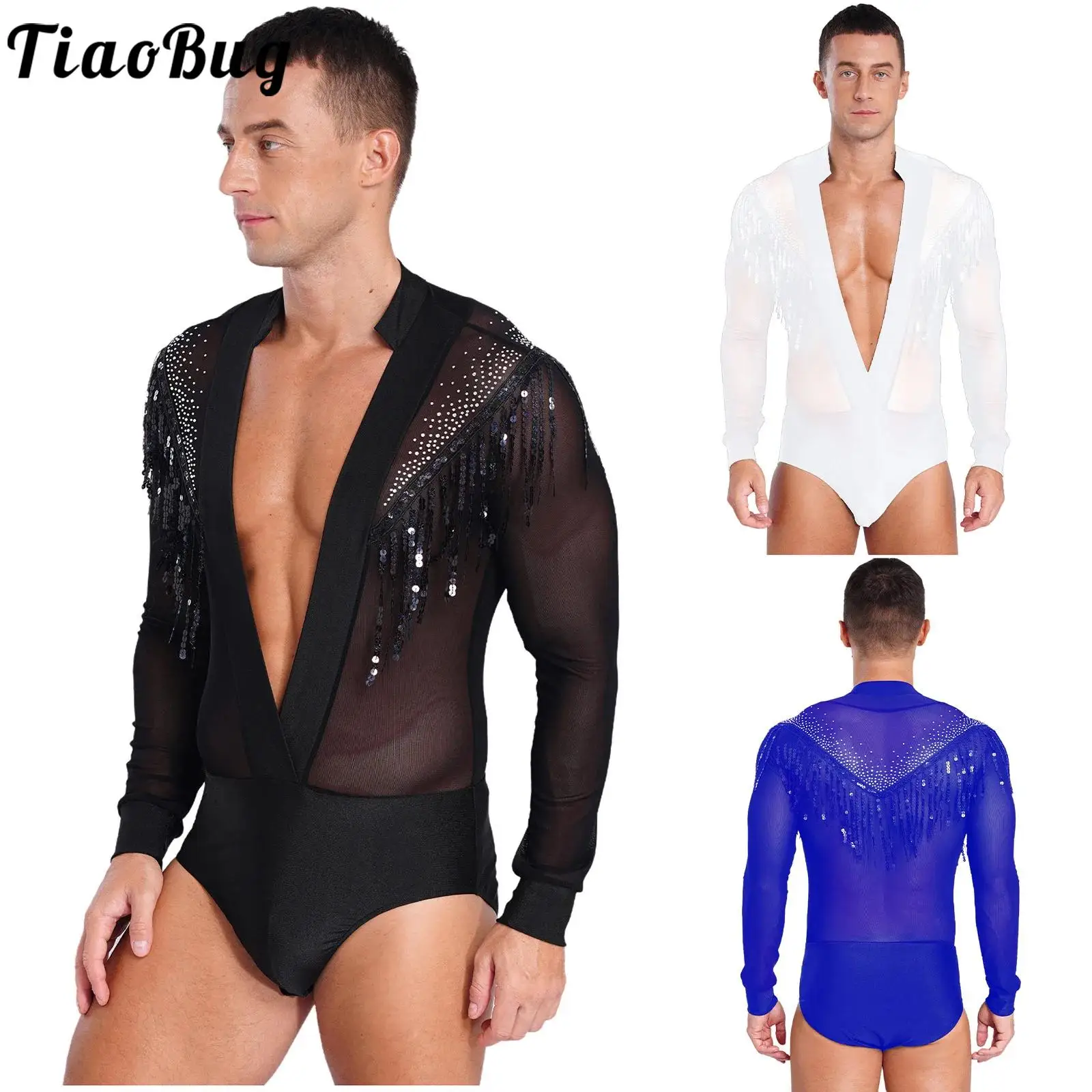 

Mens Sparkly Rhinestones Latin Tango Dance Bodysuit Shirts Deep V Neck Dance Shirt Ballroom Leotard Top for Performance Costume