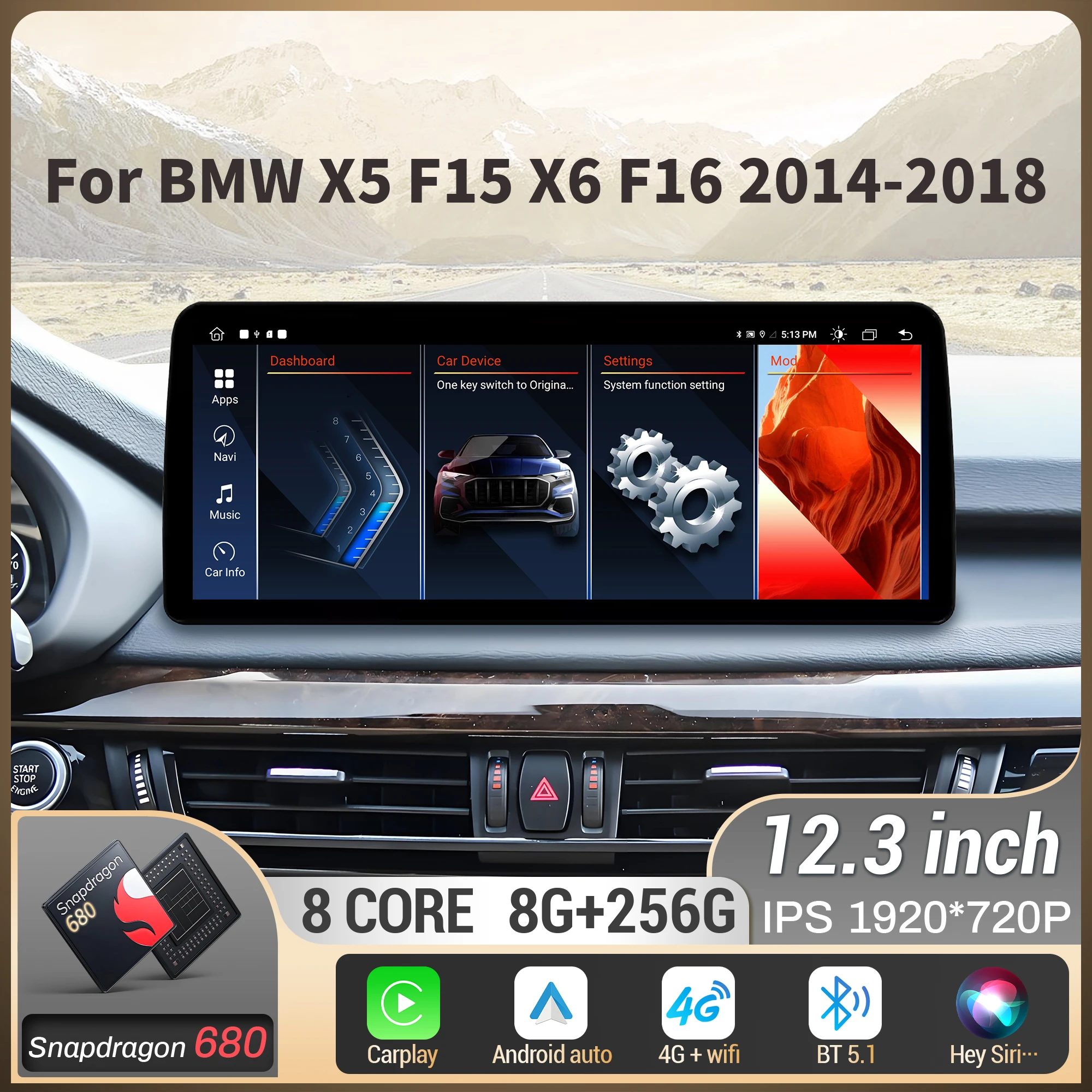 

12,3-дюймовый для BMW X5 F15 X6 F16 2014 2015-2017 2018, автомобильный радиоприемник, беспроводной Bluetooth Carplay, головное устройство, сенсорный экран Snapdragon 680
