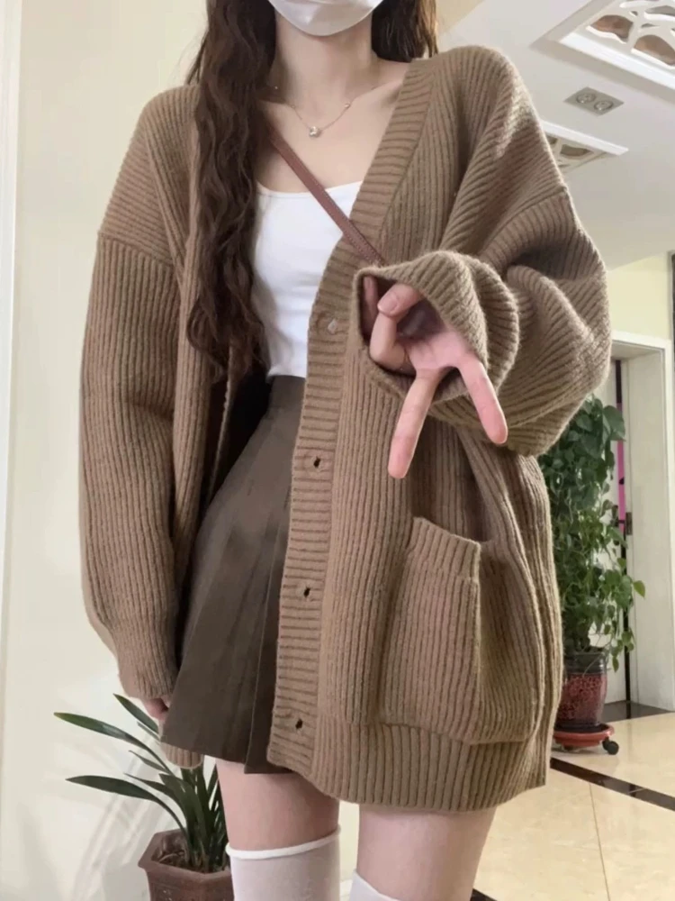 Cardigans Women Vintage Simple V-neck Leisure Trendy Ulzzang Sweaters Outwear All-match Baggy Cute Autumn Winter Students Daily