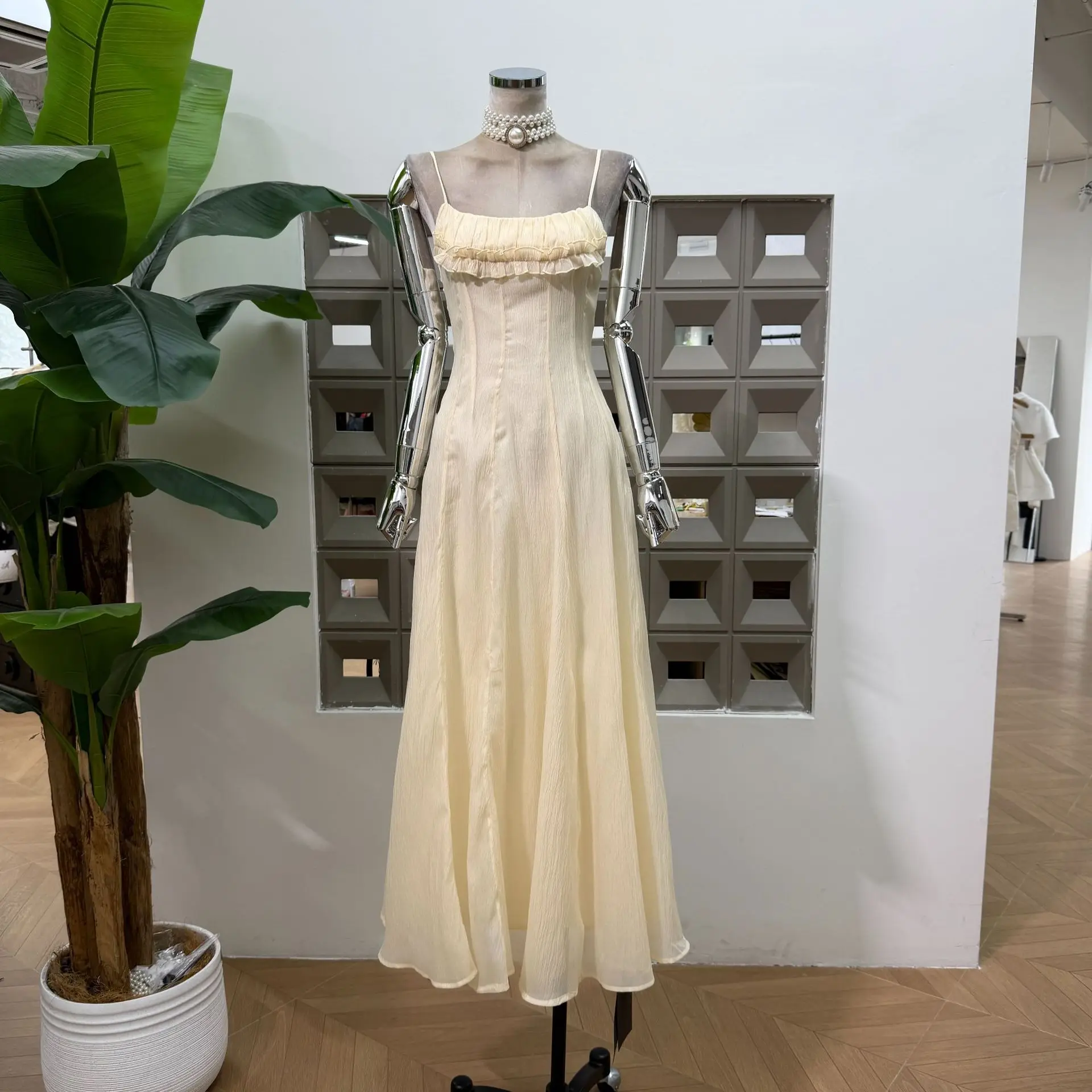 Vestidos Estilo Vacaciones Francesas, Tirantes Finos, Cuello Cuadrado, Sin Mangas, Ajustados, con Volantes, Vestido Largo Elegante para Cóctel