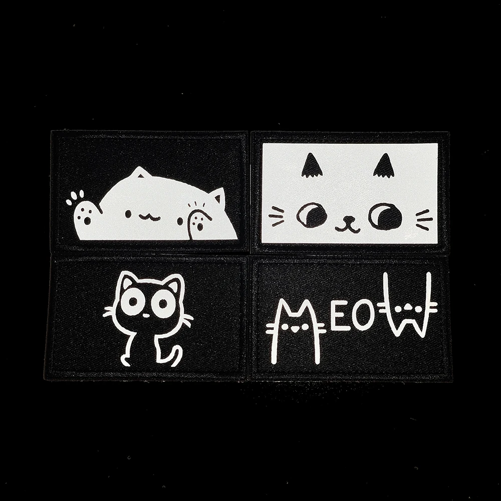 Cat Reflective Embroidered Patches on Clothes Hook and Loop Tactical Backpack Cute Cartoon Badges Anime Patch