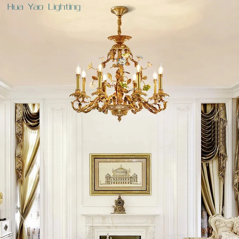 French Rococo Pastoral Pendant Lamp Banquet Hall Lobby Church Home Decorative Chandelier European Luxury Brass Light