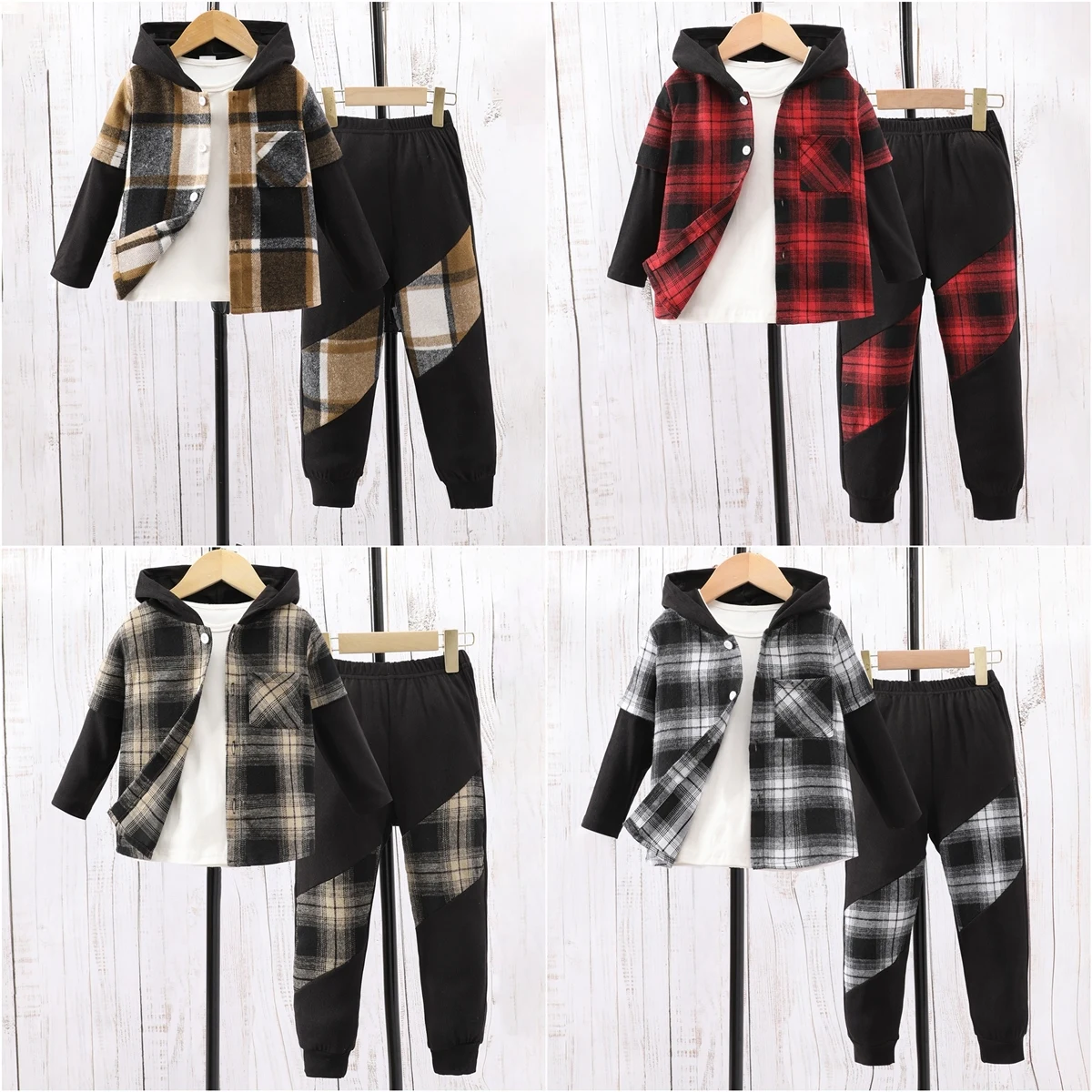 

2023 Autumn Winter Children Set 2-Piece Fashion Casual Cotton Hooded Long Sleeve Plaid Top+Pants Children's Set 3 4 5 6 7 Years