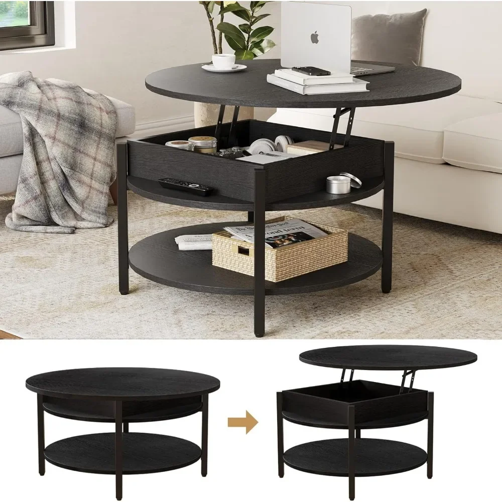 Mesa de centro redonda para sala de estar, mueble negro de 2 niveles, grande, de 35,43 pulgadas, para sala de recepción