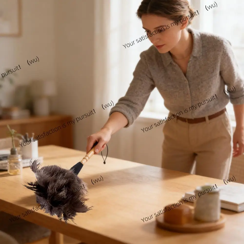 Home Wooden Handle Feather Duster Ostrich Feather Duster Anti-static Dust Removal Feather Fur Brush Duster Home Cleaning Tools view 3
