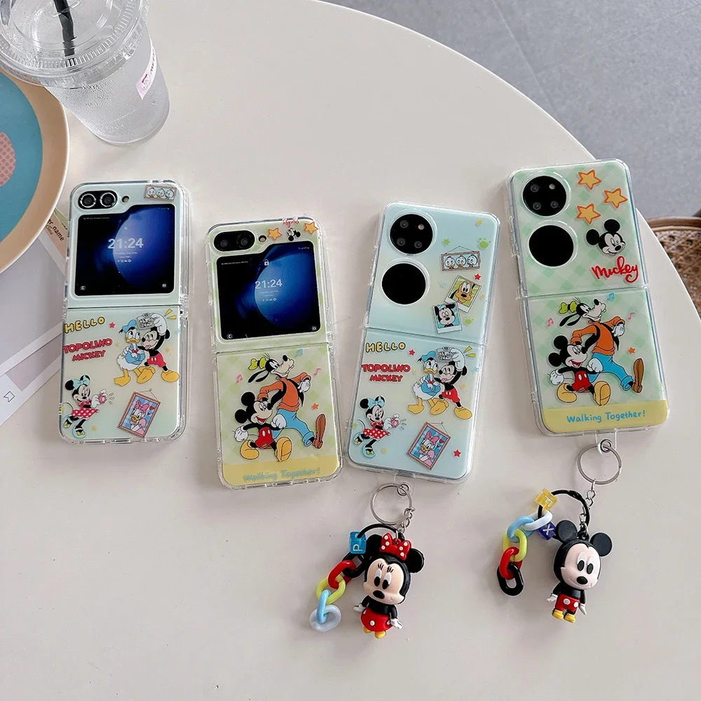 New Disneies Mickey Minnie Goofy with Pendant Phone Case for Samsung Galaxy Z Flip 3 4 5 6 5G PC Hard Anti-drop Back Cover Funda