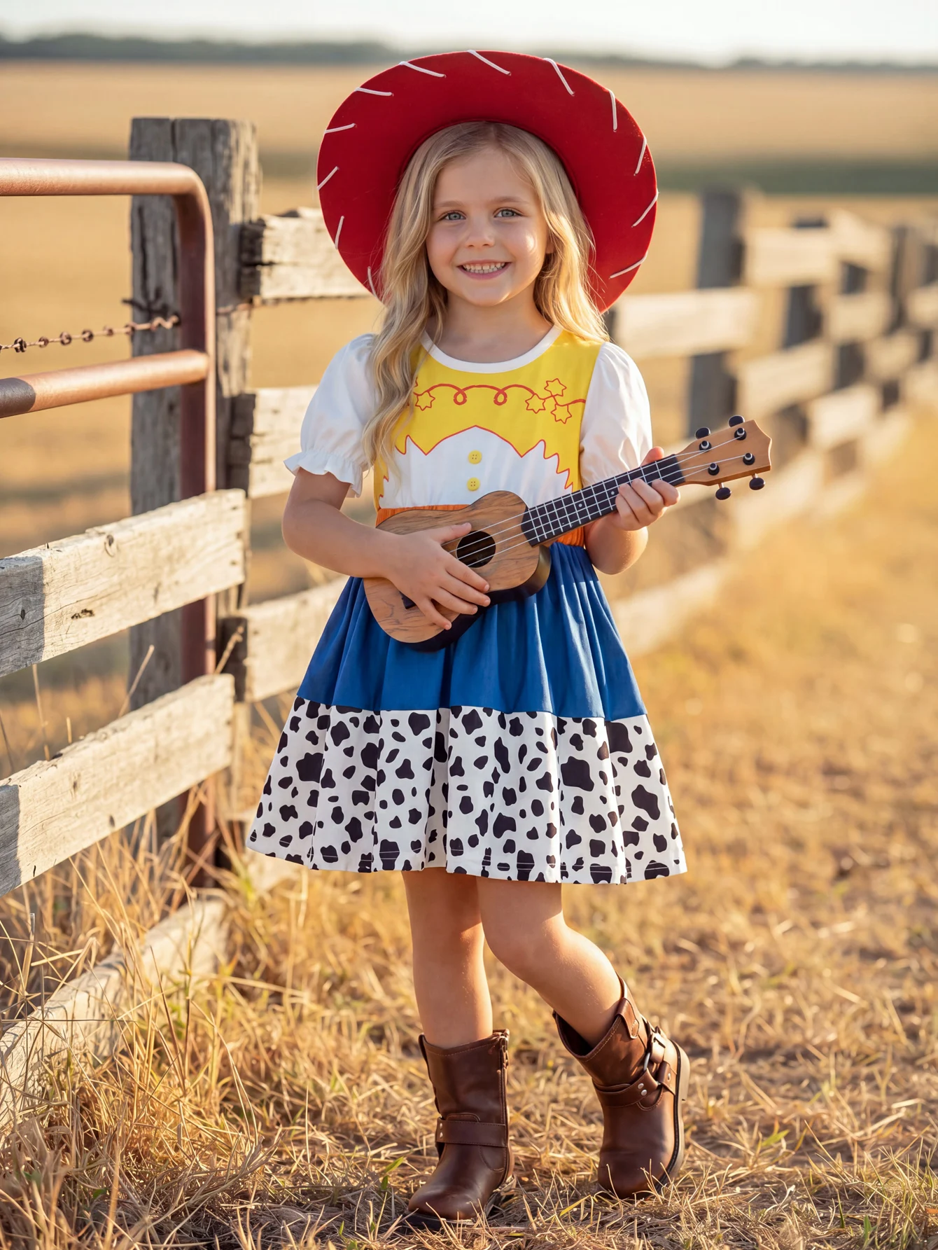 Summer Loving Kids Clothing - Cowgirl style girls dress, color‑block skirt