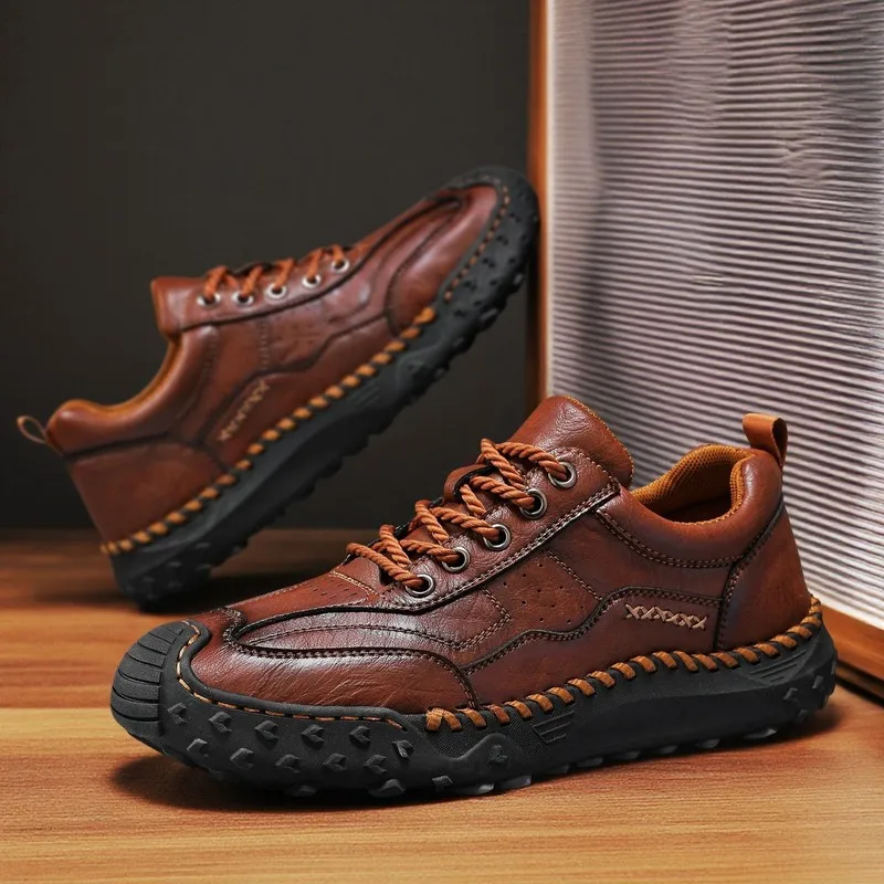 Hollow-out hand-stitched men's shoes, outdoor casual slip-on flat leather shoes, low-top, large size