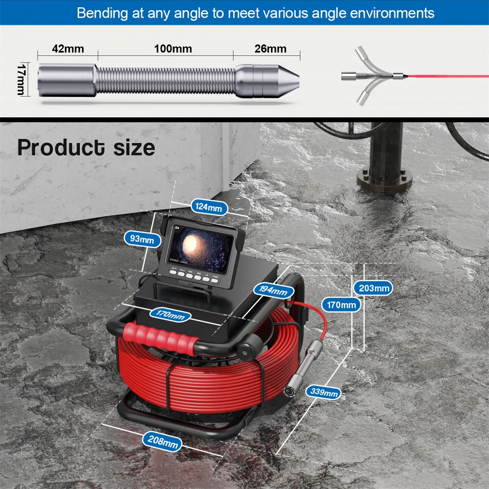 كاميرا فحص أنابيب الصرف الصحي ، المنظار الصناعي مع 4.3 مراقب ، بطاقة 16GB ، DVR ، IP68 ، استنزاف 17 مللي متر ، 22 مللي متر ، 1200TVL