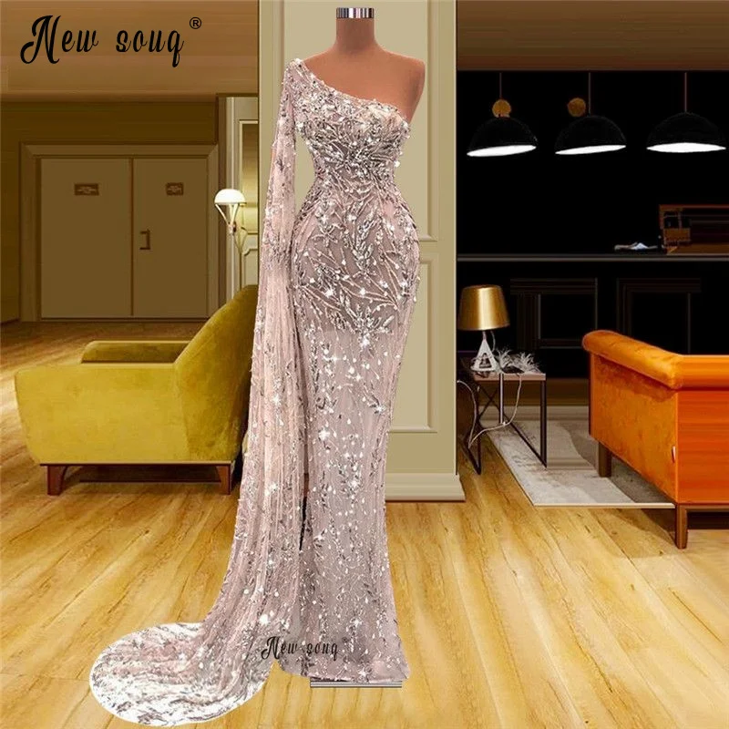 One Long Cape Sleeve Evening Gowns Luxury Full Beaded Wedding Party Dresses Dubai Formal Prom Occasion Dresses Host Dress Custom