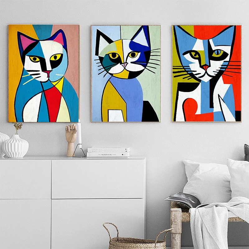 ملون مجردة الهندسة القط الملصقات ، سيارة بيضاء القط الأسود قماش اللوحة ، القطط صورة ، جدارية صور مضحكة ، ديكور المنزل