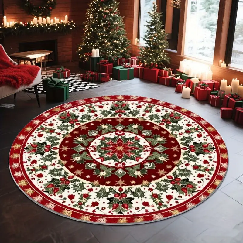 VIKAMA Circular Xmas Floor Mat Poinsettia Holly Berry Snowflake Element Non Slip Rug For Entryway Dining Room Holiday Home Decor