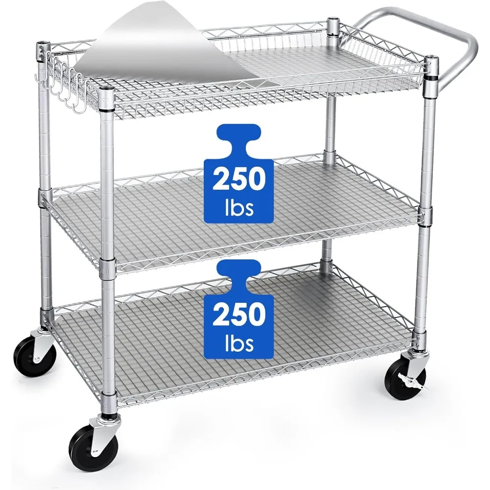 Heavy Duty 3 Tier Utility Cart,Wire Rolling Carts with Wheels, Commercial Grade Service Cart with Shelving Liners and Handle