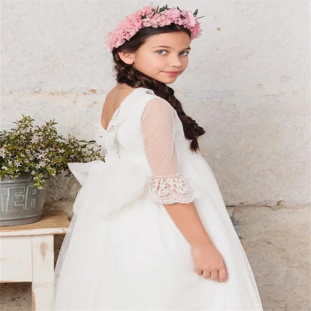 مع فيونكة بيضاء نصف كم لحفلات الزفاف وأعياد الميلاد وحفلات التواصل المقدس فساتين الأميرة زهرة فتاة فساتين الدانتيل الأبيض يزين