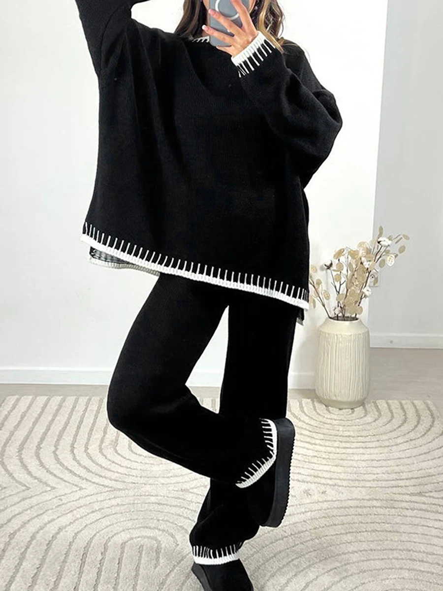 Women s 2 Piece Comfy Knitted Sweater Set Long Sleeve Crew Neck Pullover Top Wide Leg Pants Lounge Set Tracksuit