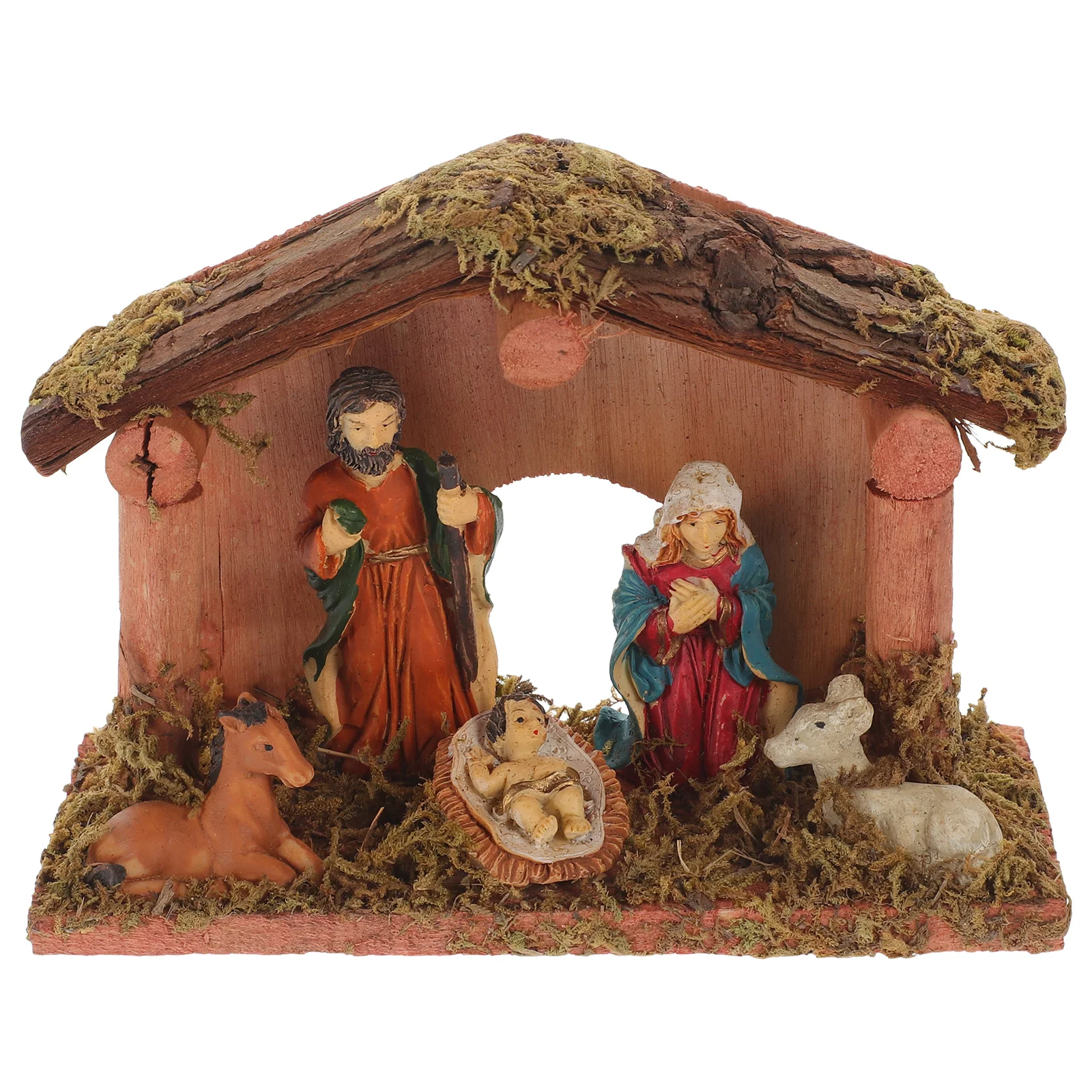 

Wooden House Manger Group Christmas Centerpieces Resin Nativity Figures Decorations Desk Bookcase Ornament Miniature Models